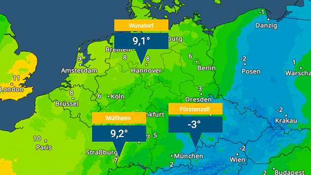 Wetterkarte mit Temperaturwerten in Deutschland. Westen deutlich milder um 9 Grad, Südosten bei minus 3 Grad. Farbige Darstellung der Temperaturzonen.