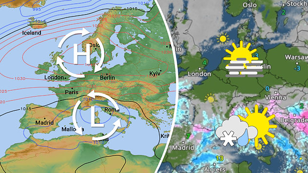 Weather map of Europe with high and low pressure areas marked. Isobar lines show the pressure distribution, alongside a forecast map. Different weather conditions from northern to Southern Europe.