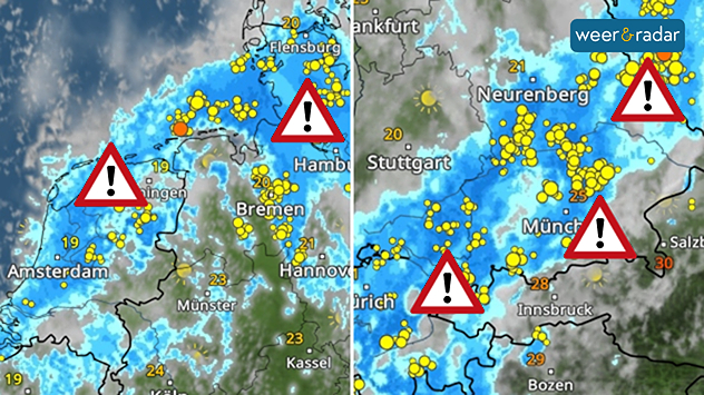 Links de WeerRadar voor een deel van Nederland en Duitsland met onweer. REchts die voor Zuidoost-Duitsland en een deel van Zwitserland en Oostenrijk. Ook met onweer. Waarschuwingstekens zijn ingetekend.