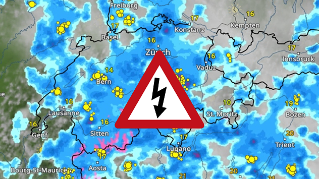 Wetterkarte für die Schweiz mit Niederschlag, Blitzen und einem Warnsymbol