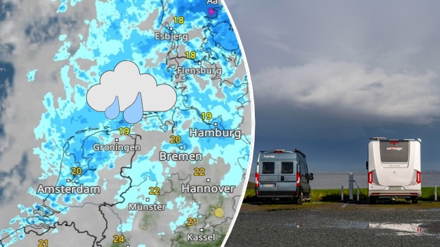 Herbstwetter im August - WetterRadar zeigt viel Regen am Freitag - Camper vor dunklen Wolken