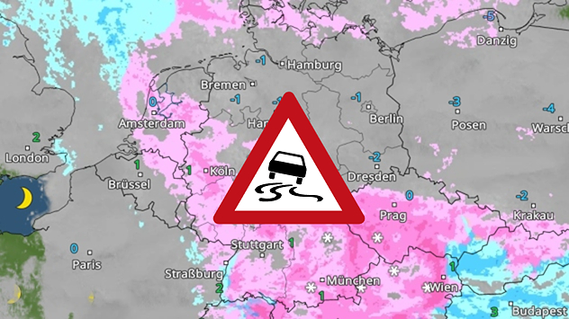 Wetterkarte mit Eisregen über Deutschlandbesonders im Süden und der Mitte. Temperaturen um den Gefrierpunkt begünstigen Glätte.