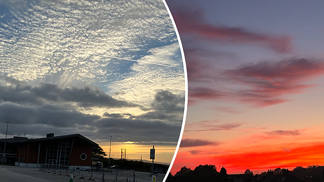 Split image showing a cloudy coastal sunrise on the left and a vivid red-orange evening sky over rooftops on the right.