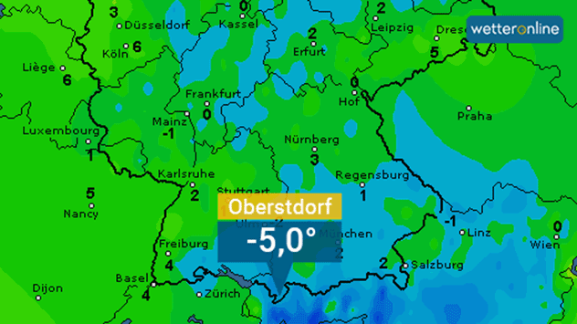 Karte mit Tiefstwerten am Boden in der Nacht zum Samstag
