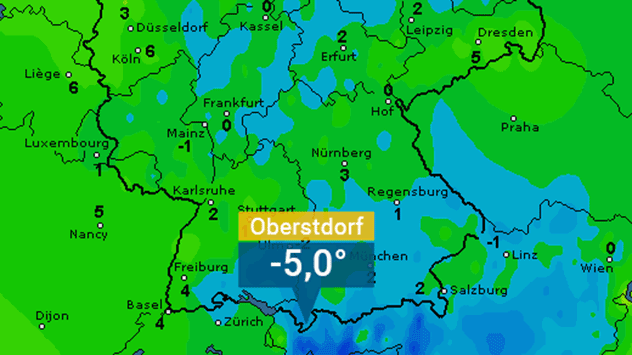 Karte mit Tiefstwerten am Boden in der Nacht zum Samstag