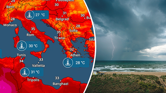 Left: Map showing water temperatures in the Mediterranean; Right: Dark clouds over a stretch of Mediterranean coastline. A bolt of lightning strikes and a curtain of rain can be seen.