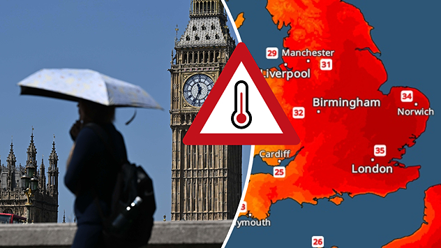 Split image showing a person using a sun umbrella near the Elizabeth Tower in London on the left and a temperature map of England on the right with widespread red heat, temperatures reaching 35°C near London, and a large thermometer icon.