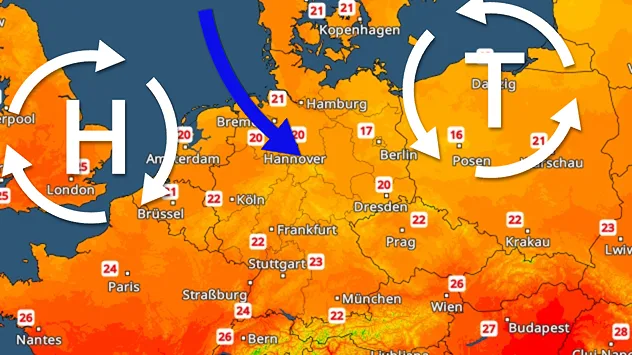 Ein Hoch westlichen und ein Tief nordöstlich von Deutschland lenken kühle Meeresluft zu uns.
