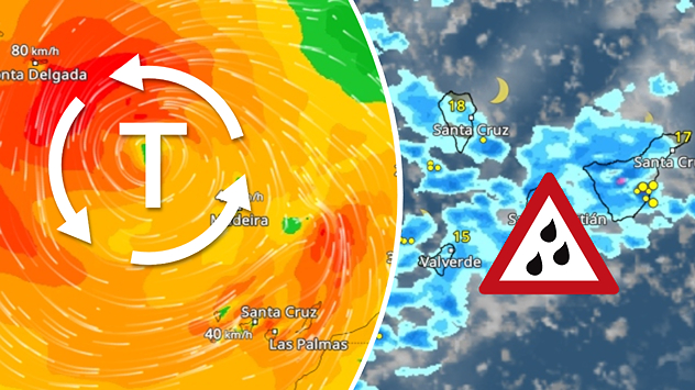 L'image montre, à gauche, le radar des vents et, à droite, le radar météo pour les îles Canaries. On y voit une forte tempête et de fortes pluies.