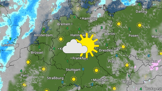 Wetterkarte mit Sonnensymbolen über Deutschland und heranziehenden Wolken aus dem Westen.