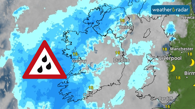 Satellite weather map of Ireland showing widespread rain bands and extensive precipitation, with a heavy rain warning symbol, temperatures around 15 to 16 °C, and cloud cover over much of the country. 