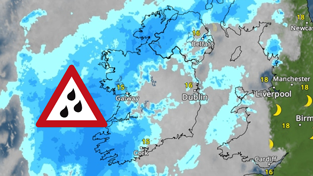 Satellite weather map of Ireland showing widespread rain bands and extensive precipitation across the west and north, with a heavy rain warning symbol, temperatures around 15 to 16°C, and cloud cover over much of the country.