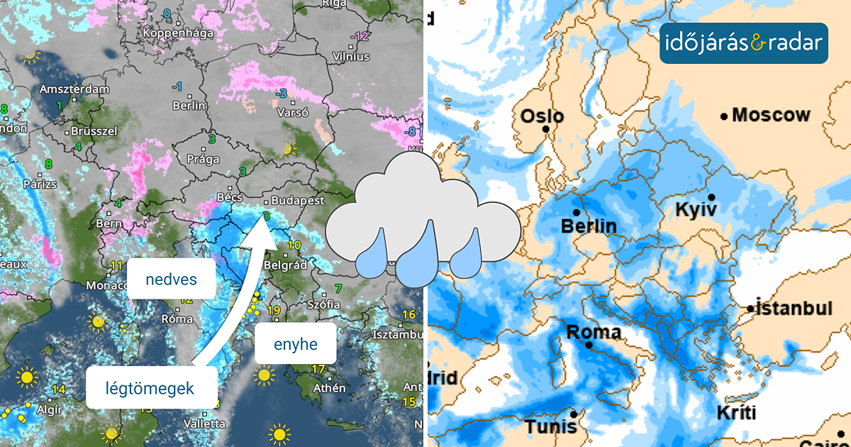 időjárási térképek, amin a délről érkező enyhébb és nedvesebb légtömegek láthatóak