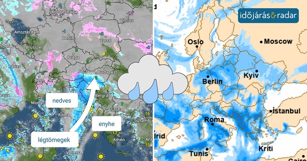 időjárási térképek, amin a délről érkező enyhébb és nedvesebb légtömegek láthatóak
