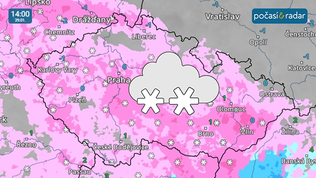 Meteoradar, screenshot, 29. ledna 14:00: Čtvrtek do Česka přináší mírné, trvalé sněžení na většinu území.