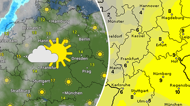 WetterRadar und Sonnenscheindauer in Stunden für Freitag
