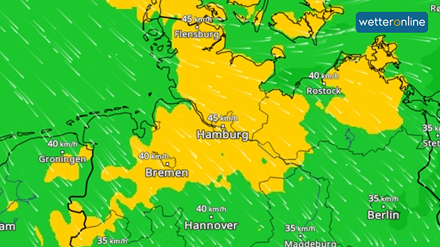 Windkarte für Norddeutschland mit Böen von 35 bis 45 km/h, Richtungspfeile von Nordsee und Ostsee nach innen, Windsack-Symbol bei Hamburg.