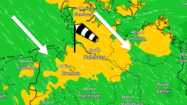 Windkarte für Norddeutschland mit Böen von 35 bis 45 km/h, Richtungspfeile von Nordsee und Ostsee nach innen, Windsack-Symbol bei Hamburg.