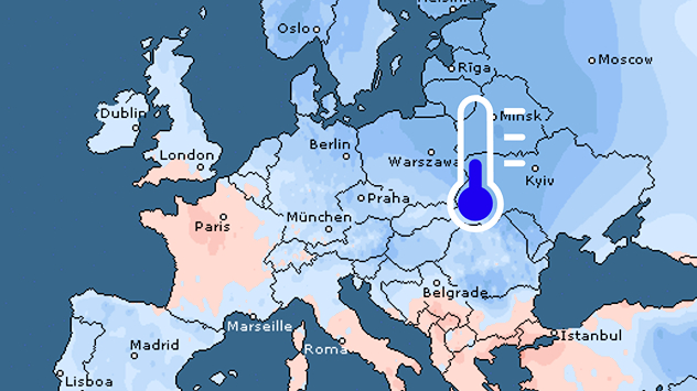 Europakarte mit farblicher Darstellung der durchschnittlichen Januar-Höchsttemperaturen. Kältere Regionen sind blau, mildere Gebiete rötlich markiert.