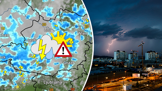 Links: Eine Wetterkarte von Österreich zeigt verbreitet Schauer. Im Osten und Süden sind einige Gewitter dabei. ; Rechts: Ein Blitz schlägt in der Abenddämmerung über Wien ein