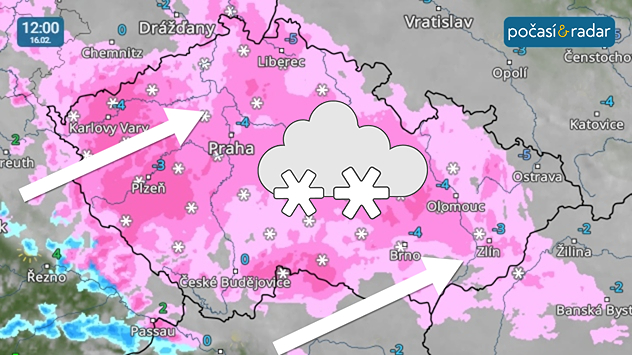 Meteoradar, screenshot, 16. 2. 14:00: V pondělí do Česka dorazí další sněhové srážky.