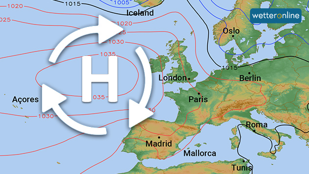 Azorenhoch hat seinen Ursprung bei den portugiesischen Inseln auf dem Atlantik.