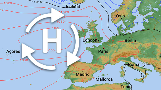 Azorenhoch hat seinen Ursprung bei den portugiesischen Inseln auf dem Atlantik.
