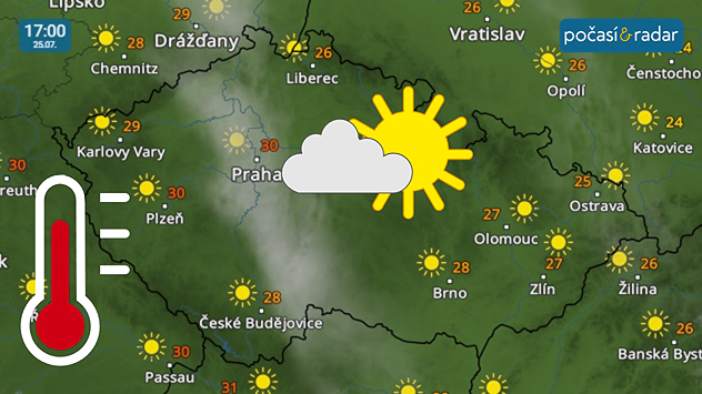 Meteoradar, screenshot, 25. 7. 17:00:  Sobota v Česku nabídne slunečné a velmi teplé počasí s odpoledními teplotami až kolem 30 °C.