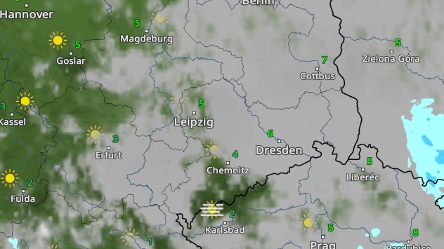 Auf der Karte ist eine Wetterradar-Ansicht zu sehen: