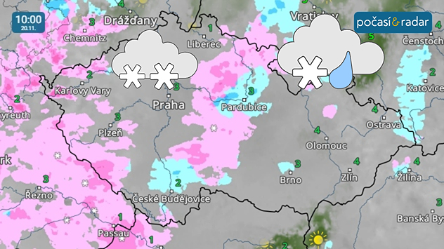 Meteoradar, screenshot, 20. 11., 10:00: Do Česka během noci na čtvrtek od západu dorazí další slabé srážky – často půjde o slabé sněžení.
