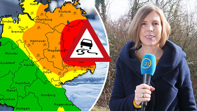 Wetterkarte von Ostdeutschland mit Glatteiswarnung und Reporterin mit Mikrofon im Freien.