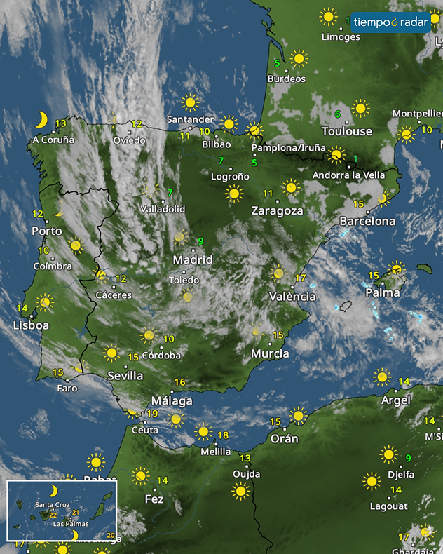 Hay presencia de nubes en muchas zonas con algún chubasco irregular en el Mediterráneo.