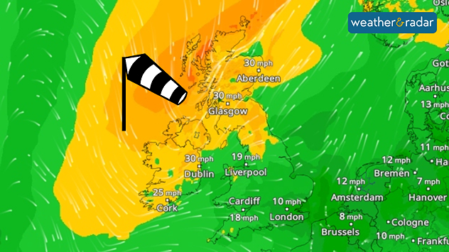 Wind forecast map showing moderate winds across the UK and Ireland, with gusts around 30 mph in Scotland and Ireland and lighter winds further south, plus a windsock icon.