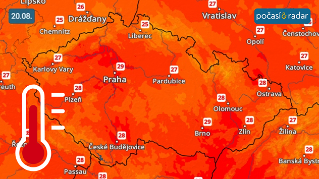 Předpověď maximálních teplot v Česku na středu 20. srpna: Ve středu dosáhnou maximální teploty v Česku až 30 °C. V dalších dnech již bude chladněji.