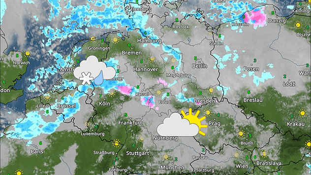 WetterRadar-Karte vom 18. November: Schnee und Schneeregen im Westen, freundlich im Südosten bei 5–8 °C.