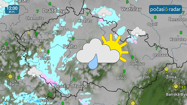 Meteoradar, screenshot, 1. listopadu 12:00: V neděli bude během dne srážek postupně ubývat a během odpoledne se může krátce ukázat i slunce.