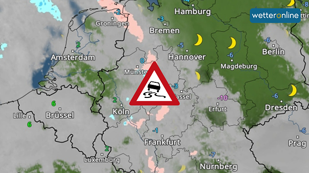 Das WetterRadar zeigt leichten Eisregen im Westen Deutschlands. Ein Warnsignal warnt vor Rutschgefahr.