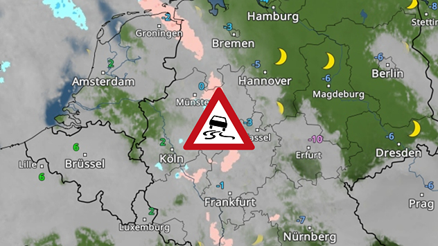 Das WetterRadar zeigt leichten Eisregen im Westen Deutschlands. Ein Warnsignal warnt vor Rutschgefahr.