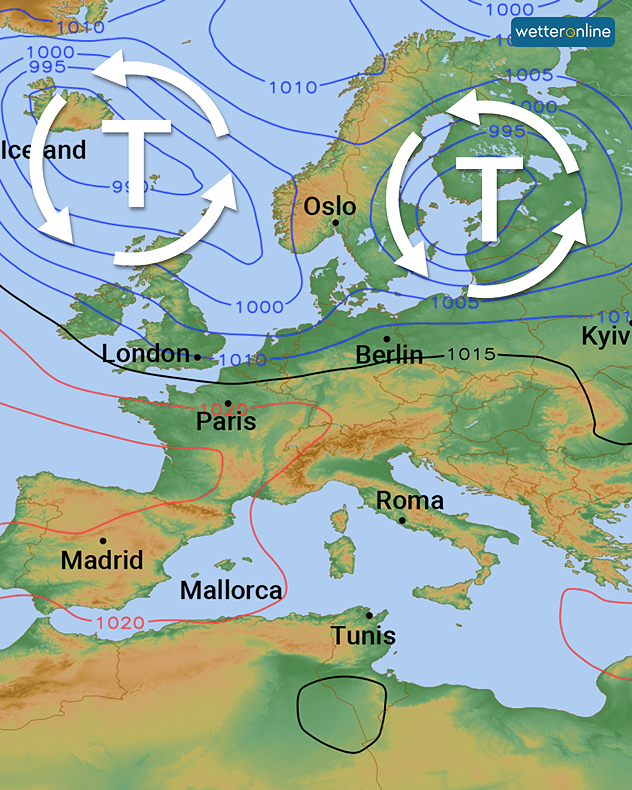 Meteorologická mapa Evropy se dvěma tlakovými nížinami nad Islandem a Finskem a vyznačenými izobarami. V severní Evropě určuje počasí dvě bouřkové tlakové níže.
