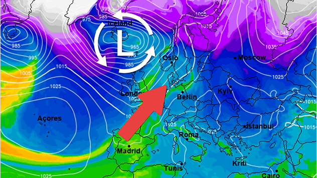De weerkaart voor begin volgende week toont zeer zachte lucht, die ons met een zuidelijke tot zuidwestelijke stroming bereikt.
