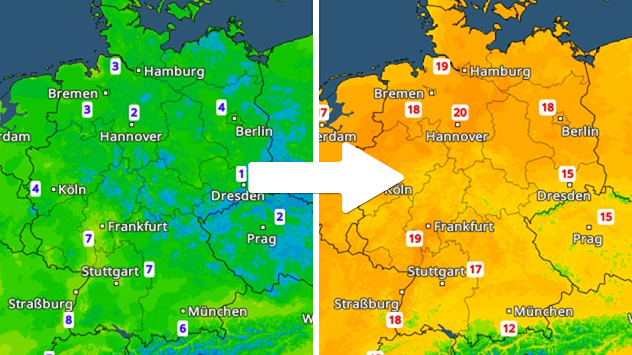 Die Karte zeigt die Temperaturen am frühen Morgen (links) und die Höchstwerte am Nachmittag (rechts).