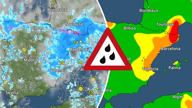 Kräftige Regenfälle über Spanien: Links zeigt das Radar ausgedehnte Niederschläge von Bilbao bis Barcelona, rechts warnt die Karte mit roten und gelben Stufen vor teils unwetterartigem Dauerregen – besonders im Nordosten des Landes.