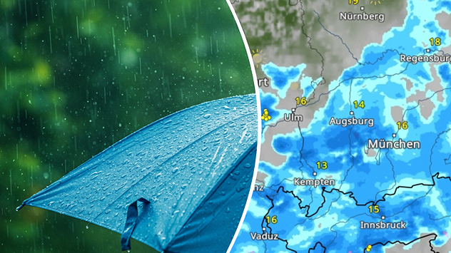 Links: Regenschirm mit Regentropfen. Rechts: WetterRadar mit Regen