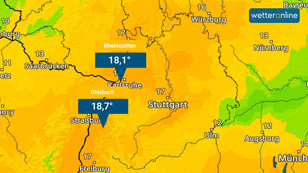 TemperaturRadar zeigt bis knapp 19 Grad in Baden-Württemberg - Rheinstetten 18,1 Grad