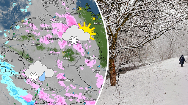 Links: WetterRadar-Karte zeigt Schneefall und Schneeregen vom Südwesten bis in die östliche Mitte, im Nordosten meist freundlich – dargestellt durch Schnee- und Sonne-Wolke-Symbole. Rechts: Winterliche Aufnahme vom 7. Januar 2026 aus Berlin-Biesdorf an der Wuhle, mit verschneitem Weg und Spaziergänger – frischer Schnee und typische Hauptstadt-Winterkulisse.