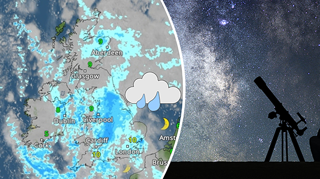 Split image showing a night-time UK rain radar map with blue precipitation bands, city temperature markers, and a rain cloud icon on the left, and a star-filled night sky with the Milky Way and a silhouetted telescope on the right, divided by a curved white line.