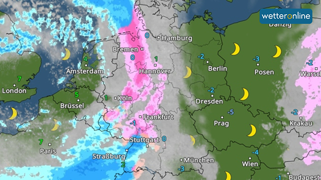 Schnee, Schneeregen und gefrierender Regen am Sonntagabend im WetterRadar