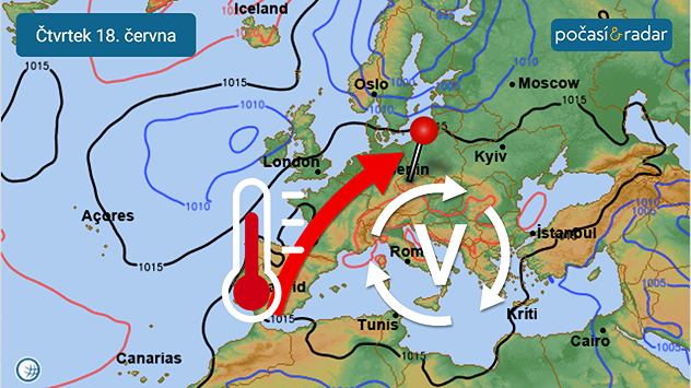 Předpověď synoptické situace nad Evropou na čtvrtek 18. 6.: Ve druhé polovině příštího týdne se Česko ocitne ve velmi teplém jihozápadním proudění na zadní straně tlakové výše se středem nad Alpami a jihovýchodní Evropou.
