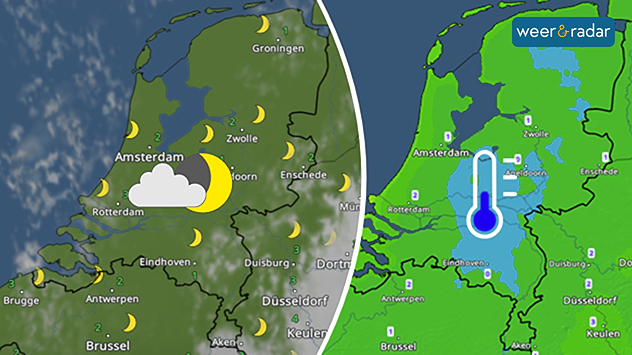 Een vrijwel heldere nacht (links) met een slechts enkele wolken, ingetekend met dit symbool en een temperatuurkaart met blauwe en groene kleuren (rechts) tonen kwikstanden rond het vriespunt. Een blauwe thermometer staat ingetekend.