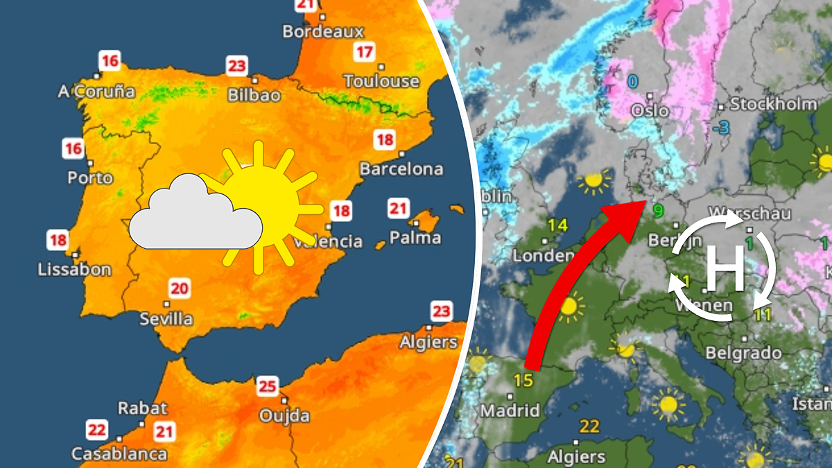 Weerradar: boven Oost- en Midden-Europa vormt zich een krachtig hogedrukgebied. Aan de westkant ervan heeft de lentelucht uit Spanje vrij baan tot in Lapland.
